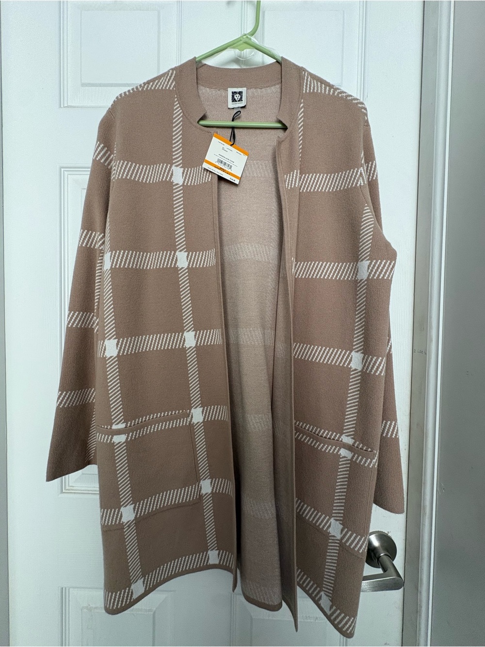 Anne Klein Taupe & White Plaid Open-Front Cardigan